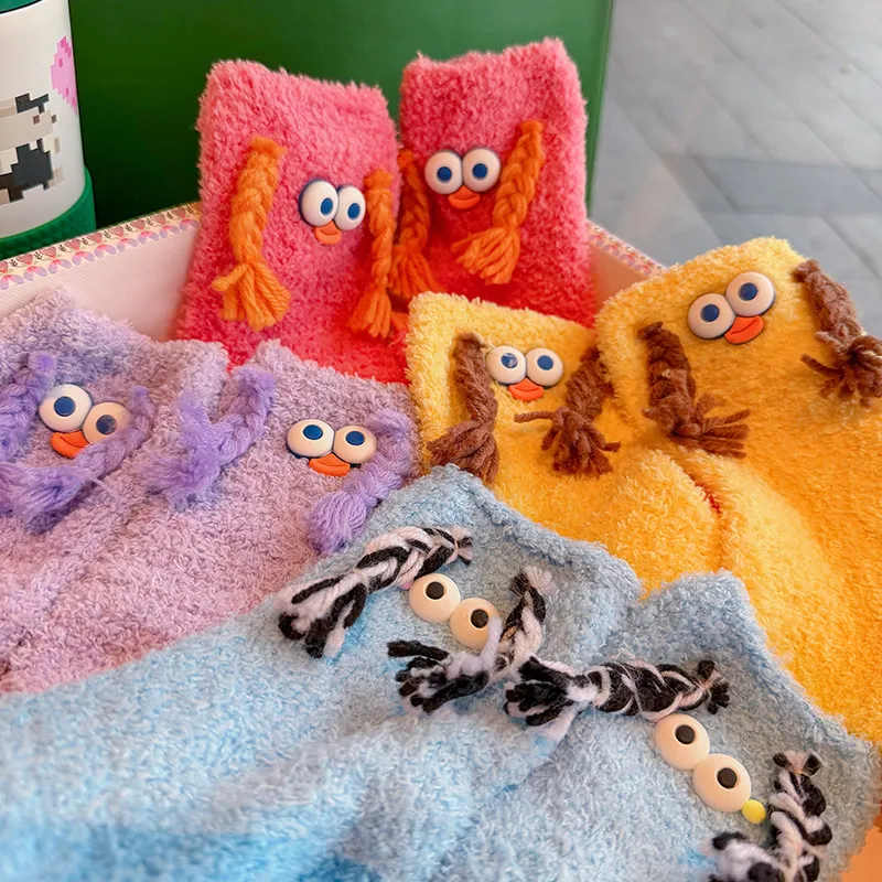 Cute Cat with Ponytail & Big Eyes Plush Socks for Kids – Creative Novelty Fuzzy Sleep Socks, Soft Fluffy Bed Socks for Children, Adorable Animal Casual Lounge Socks